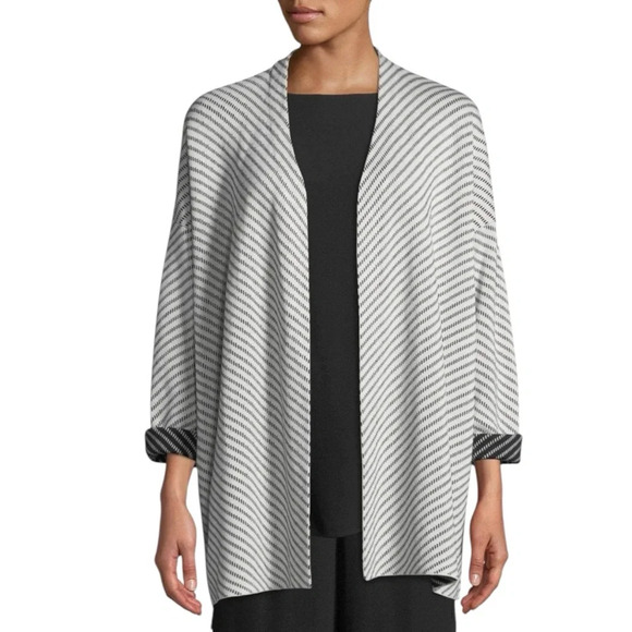 Eileen Fisher Bone Black Silk Organic Cotton Knit Striped Cardigan Size XL - Picture 2 of 12